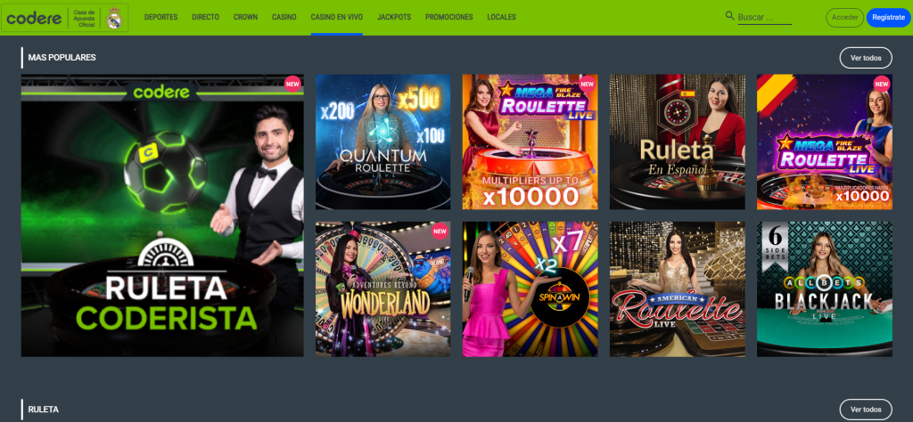 Juegos de casino en vivo en Codere en Colombia